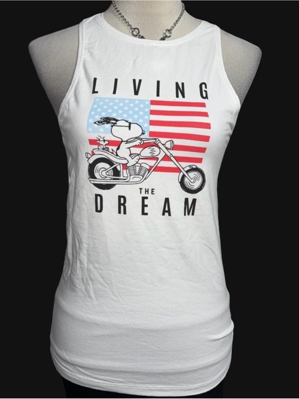 Peanuts White Tank Top with American Flag & Motorcycle Graphic